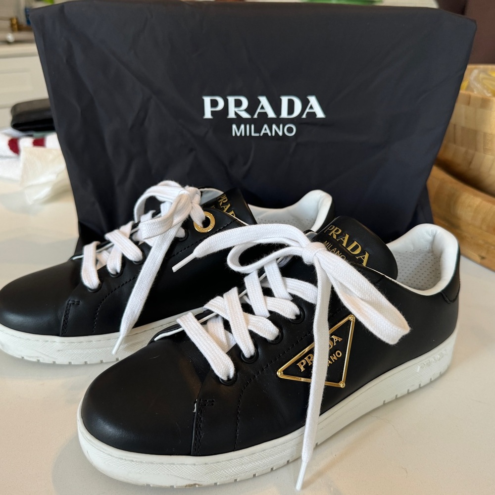 Prada Downtown Leather Tonal Sneakers with Metal Logo in Black Size 6.5